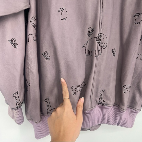 Free People Purple Oversized Leather Animal Print Embroidered Bomber Jacket S - Picture 9 of 10